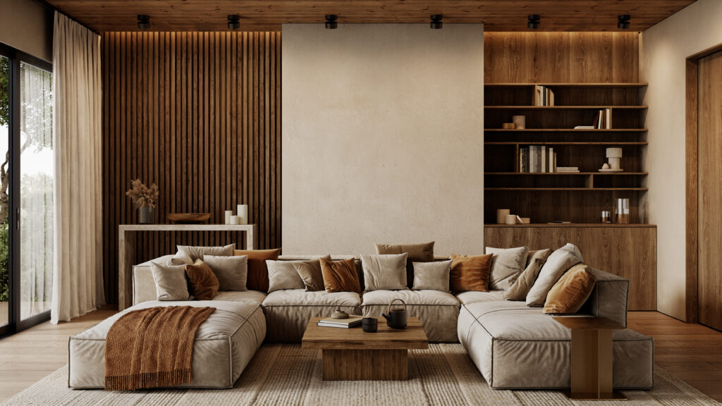 Luxury living room with wood ceilings in Nevada City